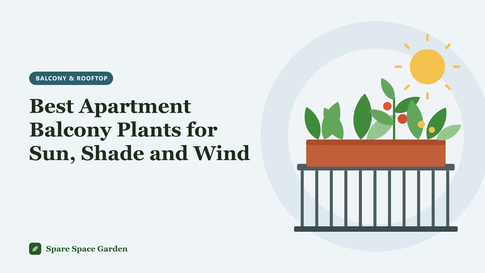 Illustration of apartment balcony plants sorted by sun, shade and wind, with herbs, tomatoes, ferns and grasses in containers
