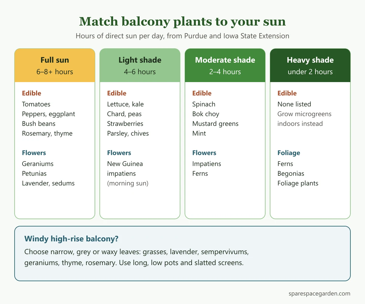 Chart of apartment balcony plants grouped by hours of direct sun and wind exposure