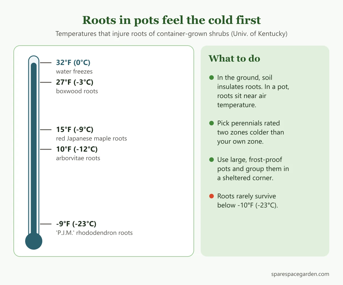 Thermometer chart showing root injury temperatures for apartment balcony plants grown in containers