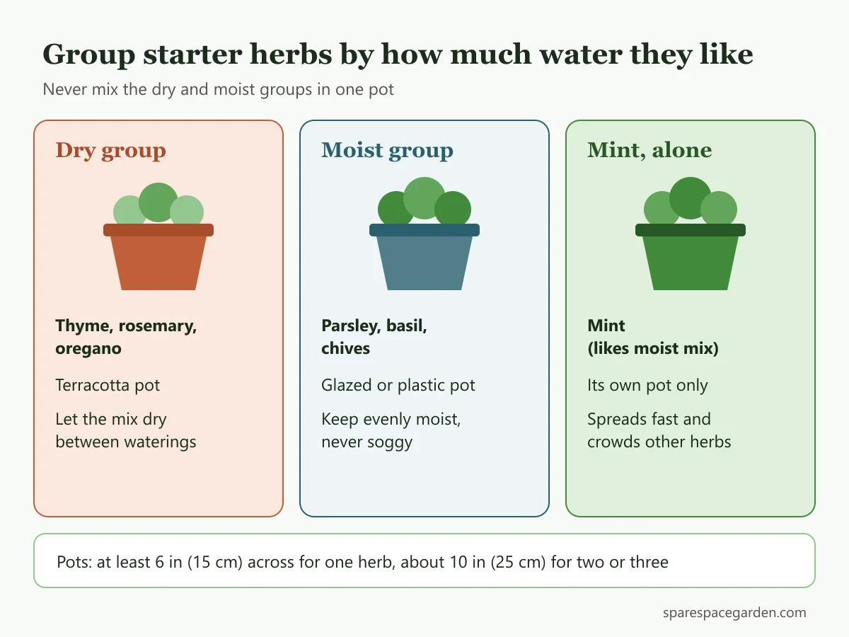 Diagram of an apartment herb garden split into a dry pot of thyme, rosemary and oregano and a moist pot of parsley, basil and chives, with mint in its own pot