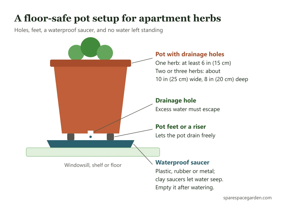 Diagram of an apartment herb pot setup with drainage holes, a plastic saucer, pot feet and minimum pot sizes to protect floors and sills