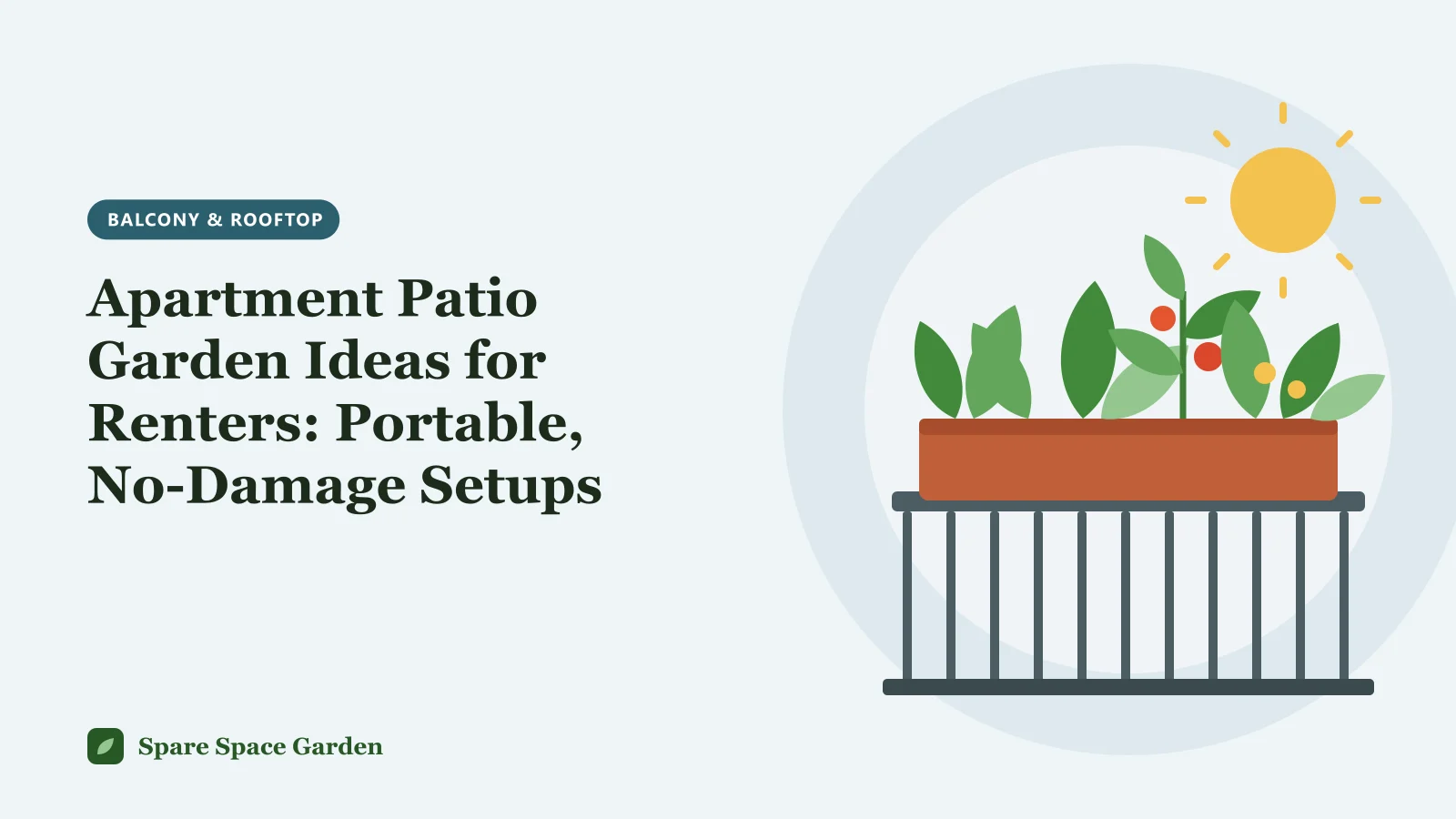 Illustration of apartment patio garden ideas with potted vegetables, a freestanding trellis privacy screen and a raised planter on legs