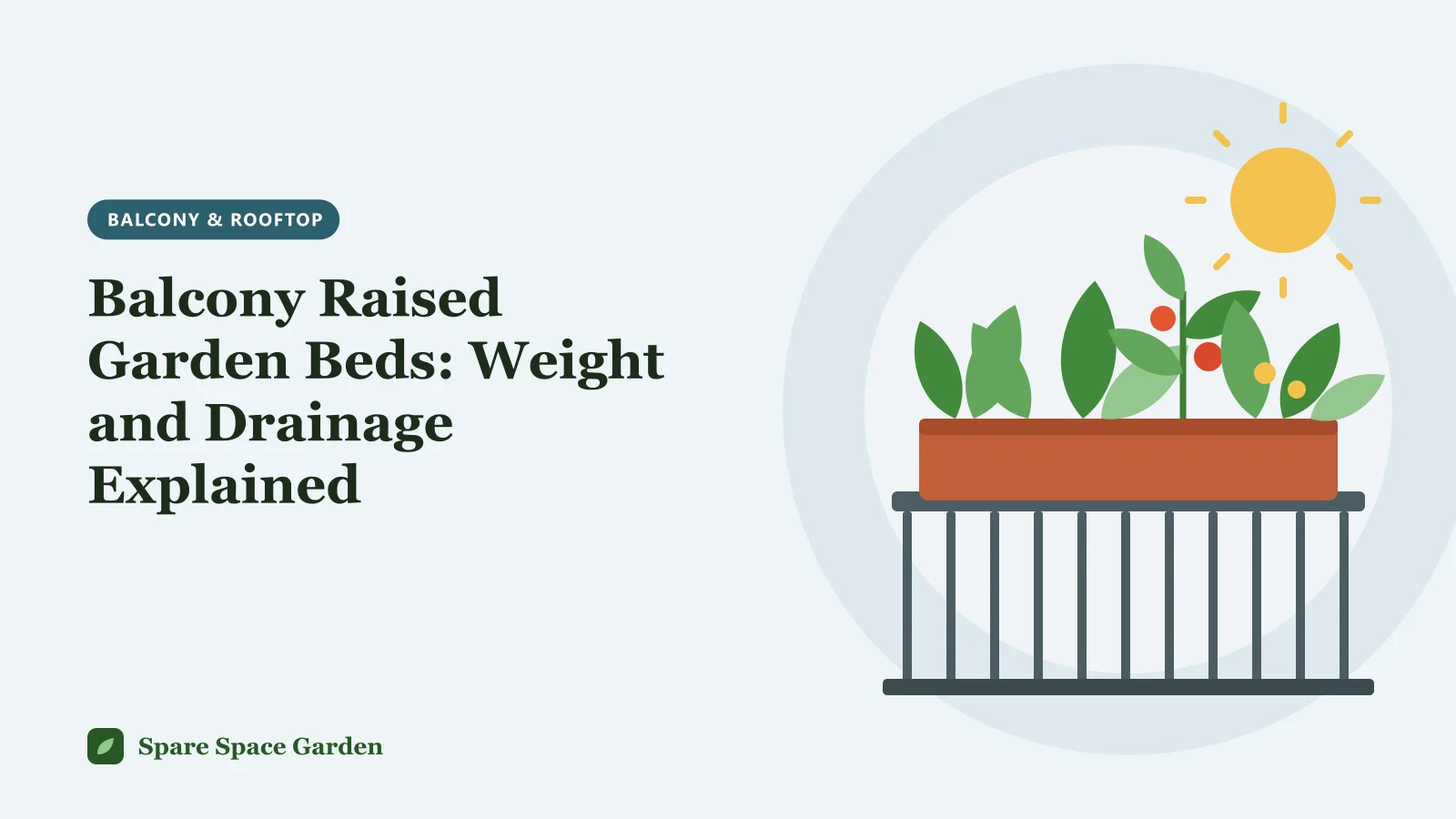 Illustration of a balcony raised garden bed on legs with leafy vegetables, a drainage tray underneath and a railing behind it