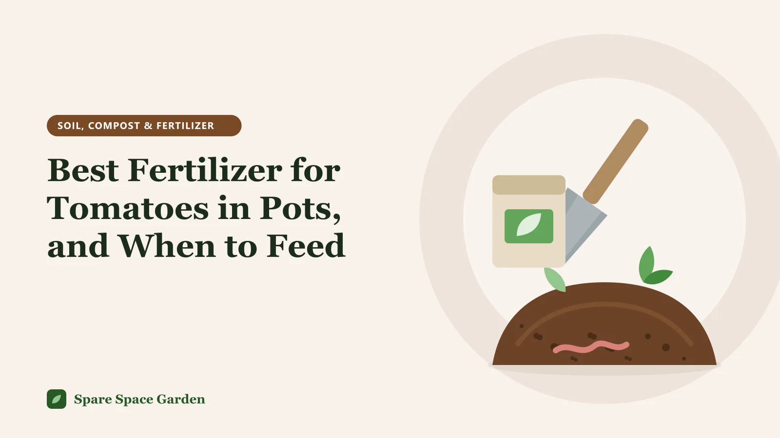 Illustration of the best fertilizer for tomatoes in pots, with a fruiting container tomato, a watering can and a measuring cup of liquid feed