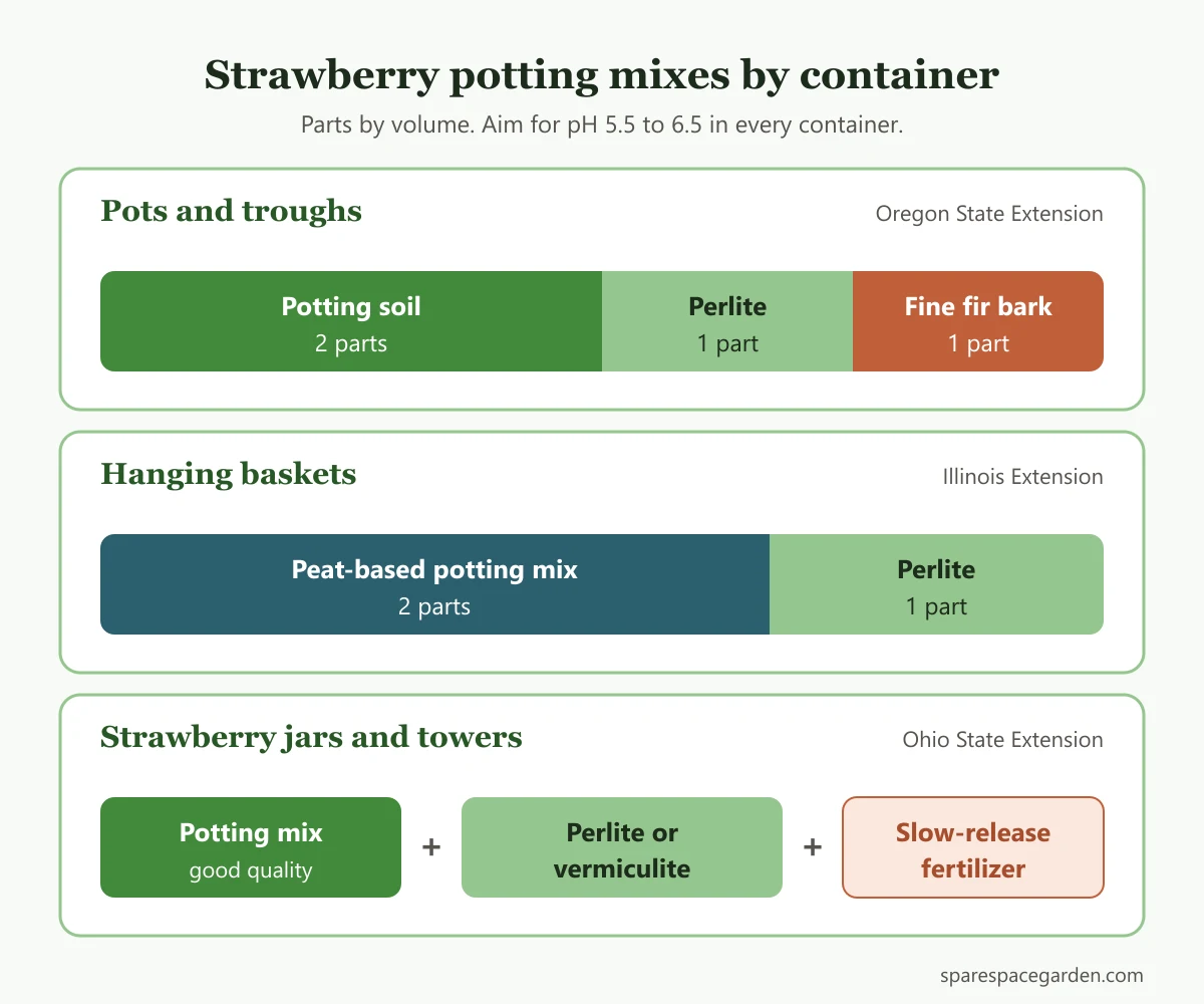 Mix recipes for the best soil for strawberries in pots, hanging baskets and strawberry towers, with parts by volume and a pH 5.5 to 6.5 target