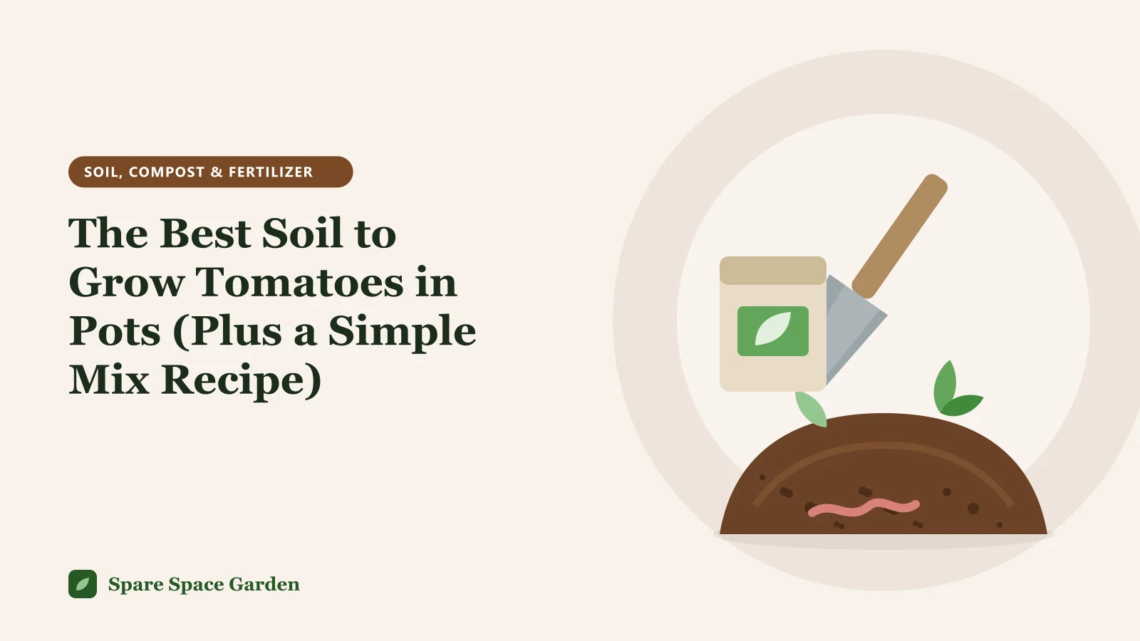 Illustration of the best soil to grow tomatoes in pots, with a container tomato plant beside bags of potting mix and compost