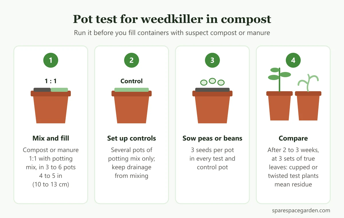Four-step pot test for weedkiller residue in compost or manure using pea or bean seeds