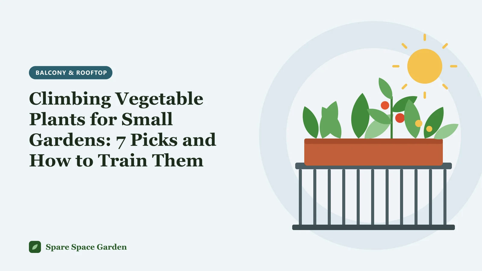 Illustration of climbing vegetable plants, including pole beans, cucumbers and tomatoes, growing up trellises in balcony containers