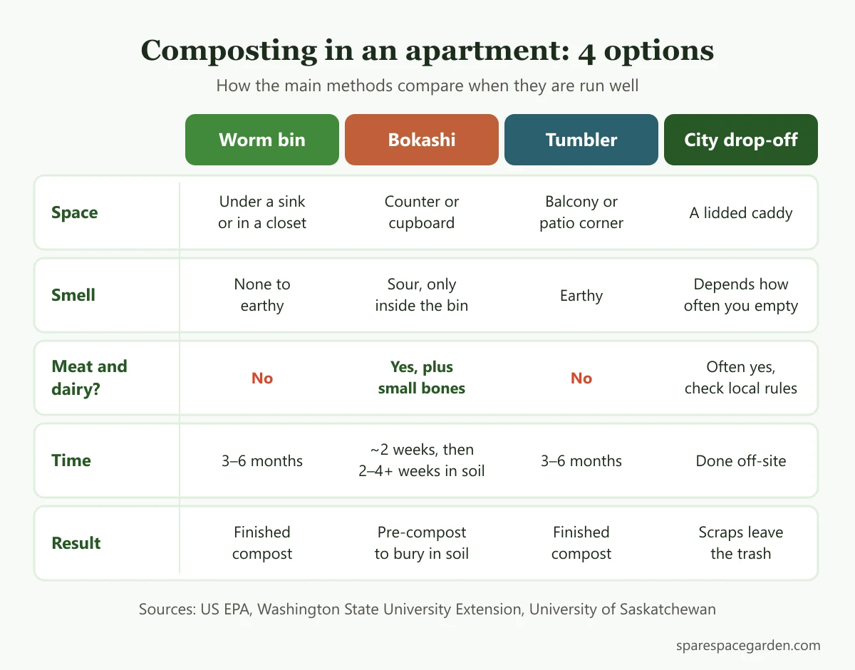 Comparison chart for composting in an apartment showing space, smell, accepted scraps and time for a worm bin, bokashi, a balcony tumbler and a city drop-off