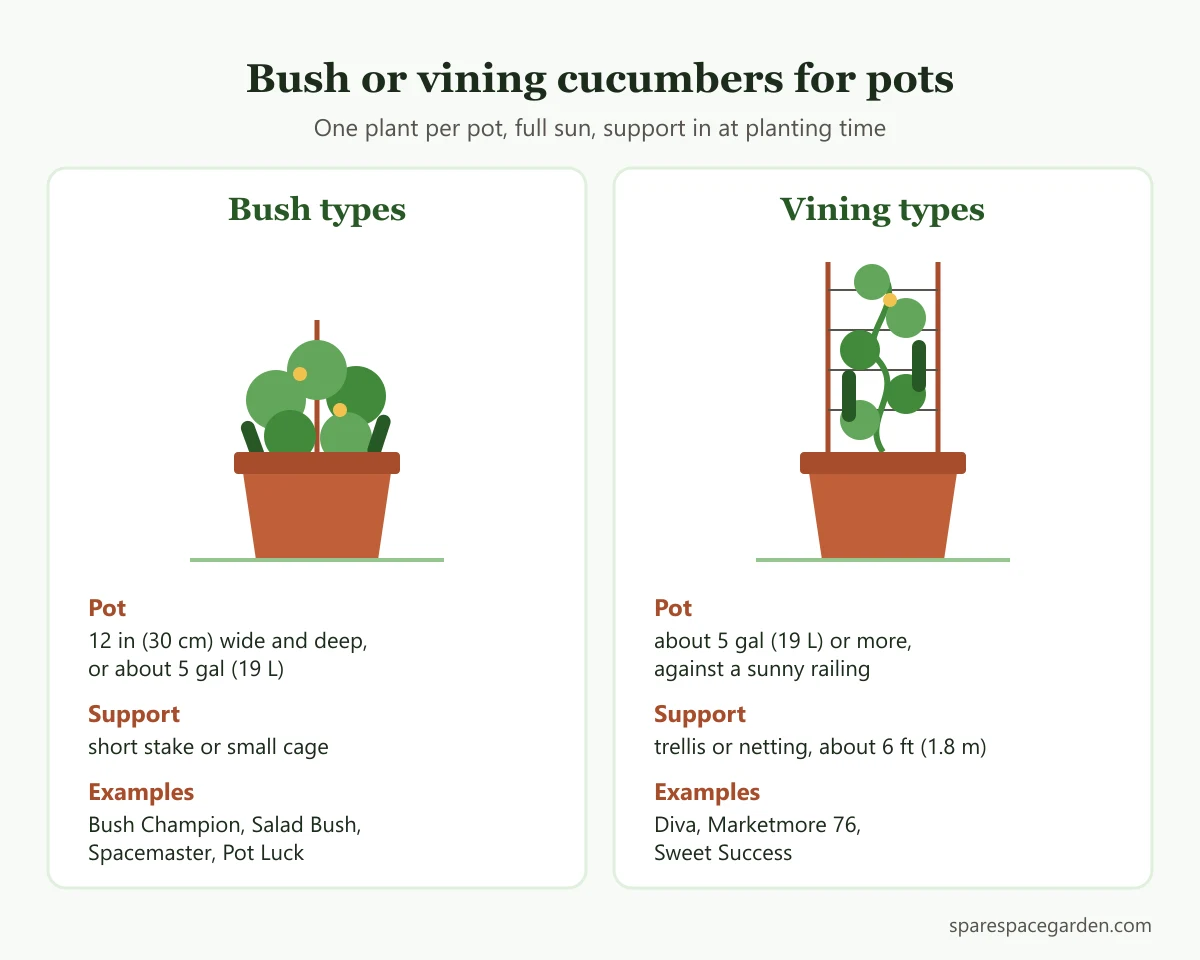 Comparison of bush and vining cucumber plants in pots, with container size, support and example varieties