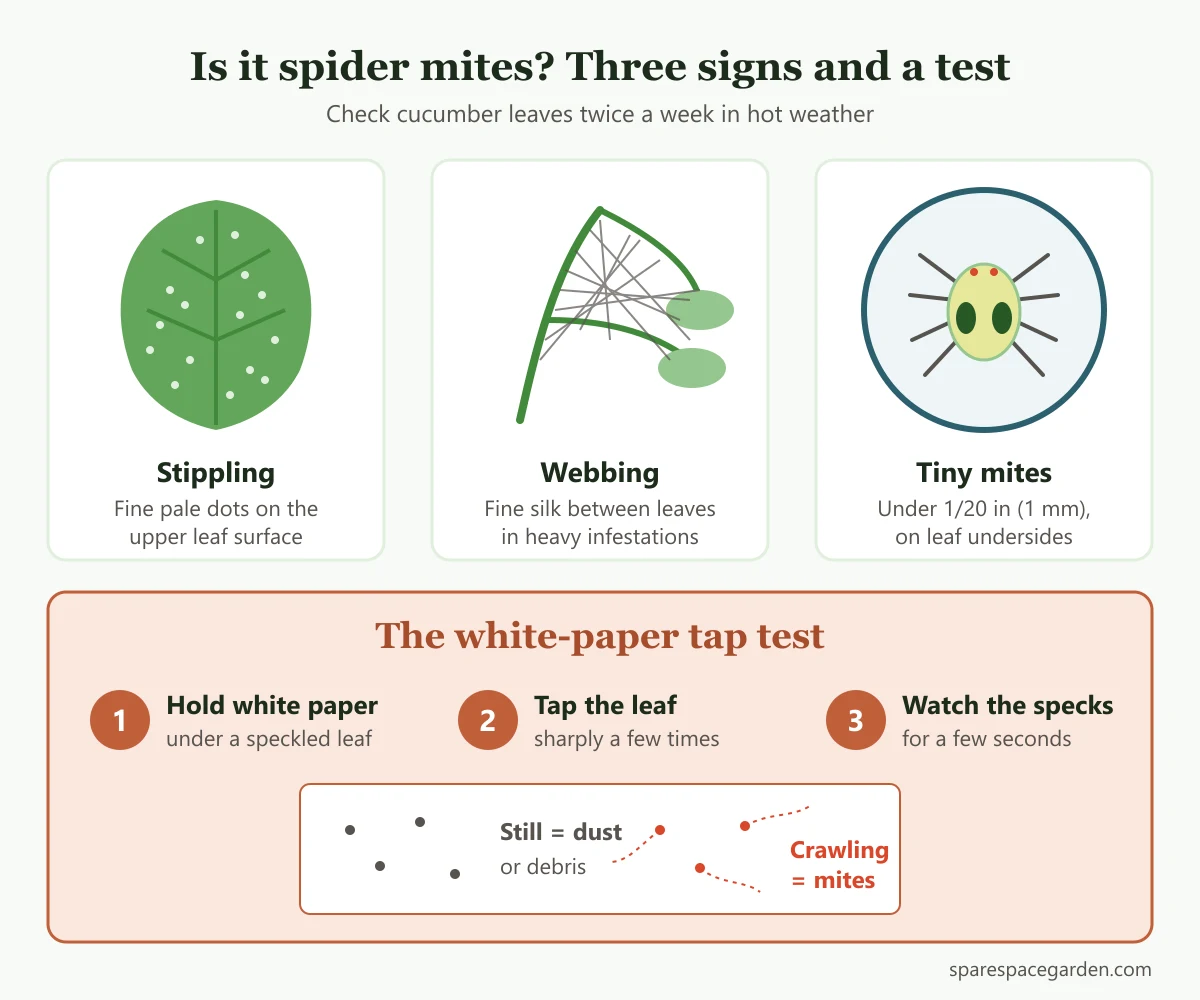 How to spot cucumber spider mites: leaf stippling, webbing, tiny mites and the white-paper tap test