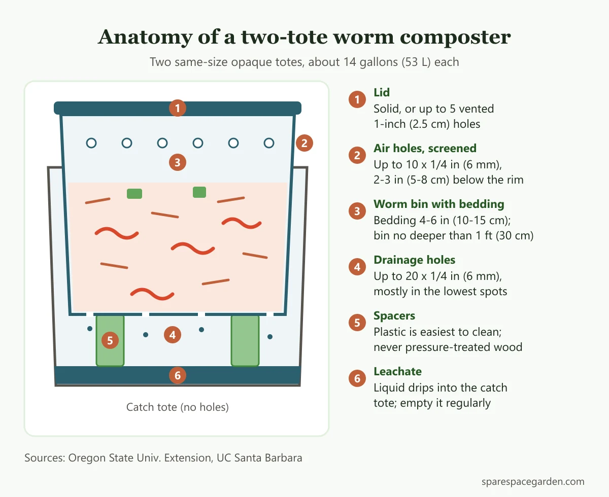 Labelled diagram of a DIY worm composter showing the lid, screened air holes, bedding, drainage holes, spacers and leachate in the catch tote