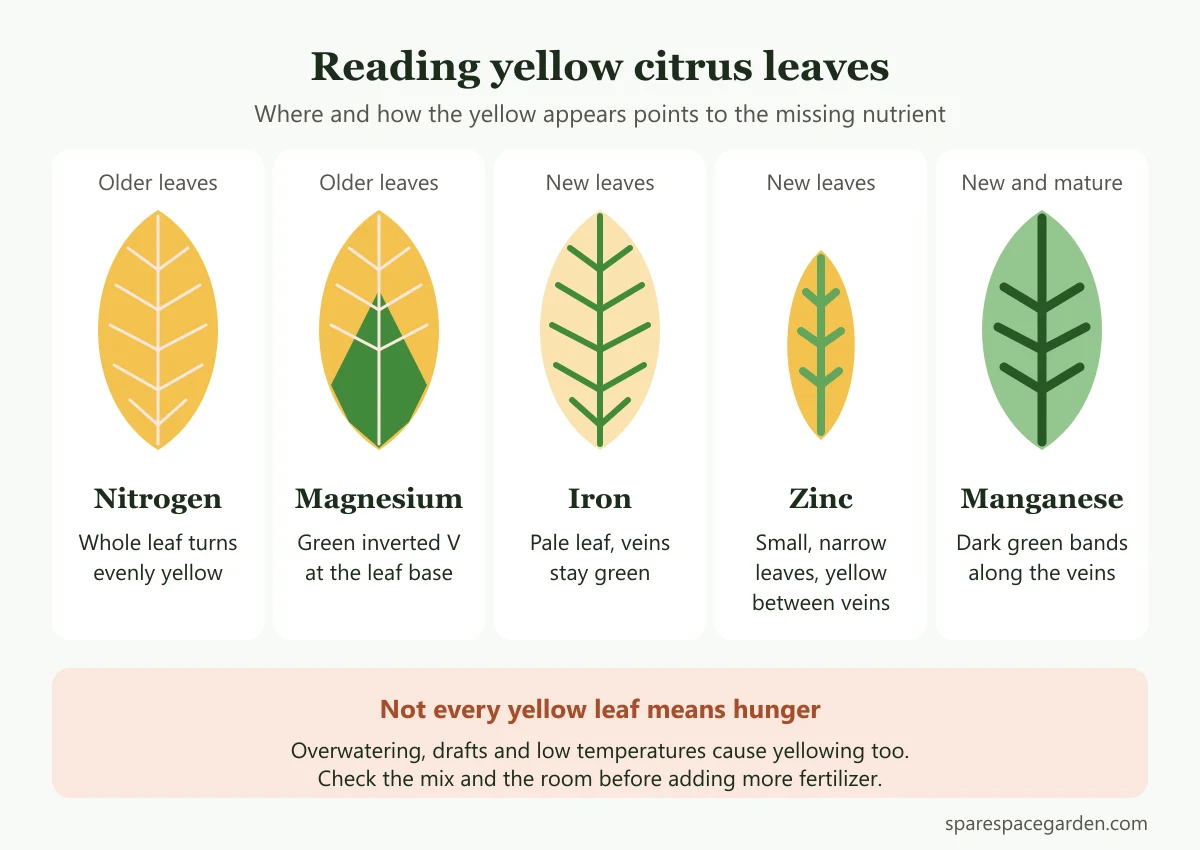 Leaf symptoms for citrus trees in pots: nitrogen, magnesium, iron, zinc and manganese shortages