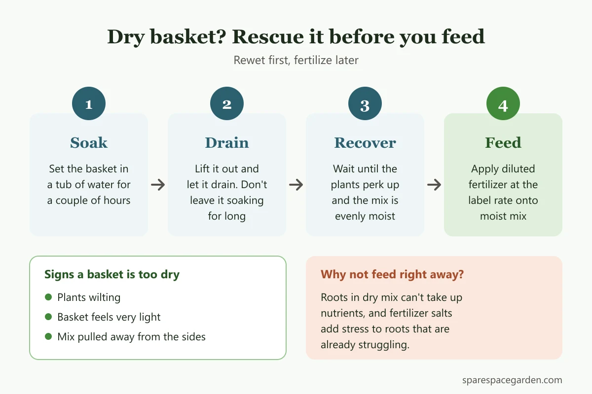 Steps for rescuing a dry hanging basket before applying fertilizer: soak, drain, recover, then feed