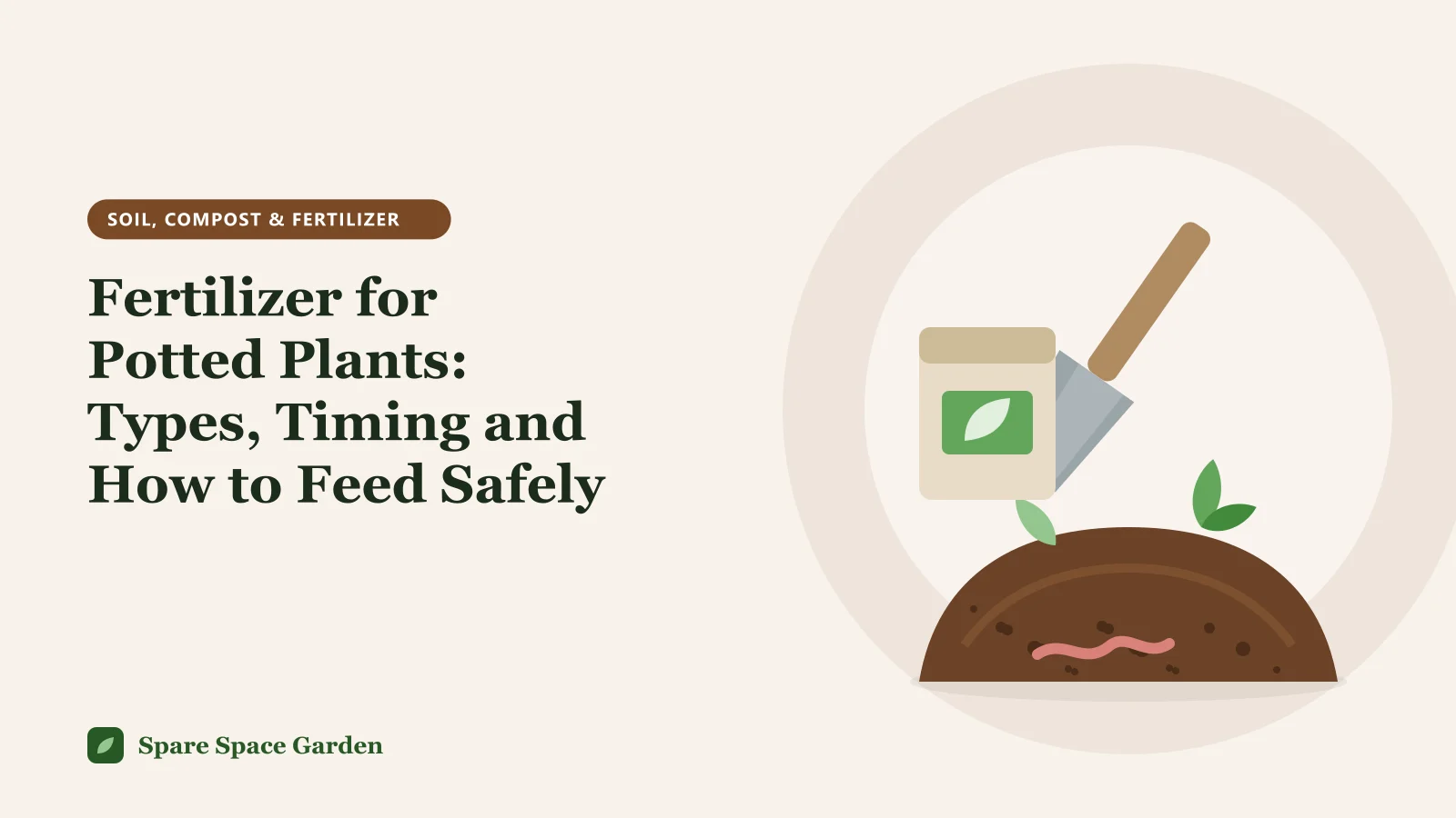 Illustration of fertilizer for potted plants, with a watering can, a measuring cup of liquid feed and slow-release granules beside container plants