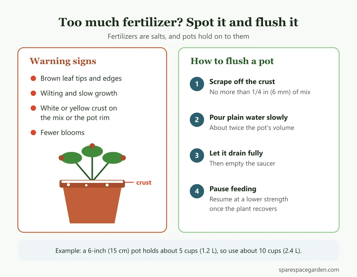 Signs of over-fertilizing potted plants, such as brown leaf tips and white crust, and four steps to flush salts from the pot