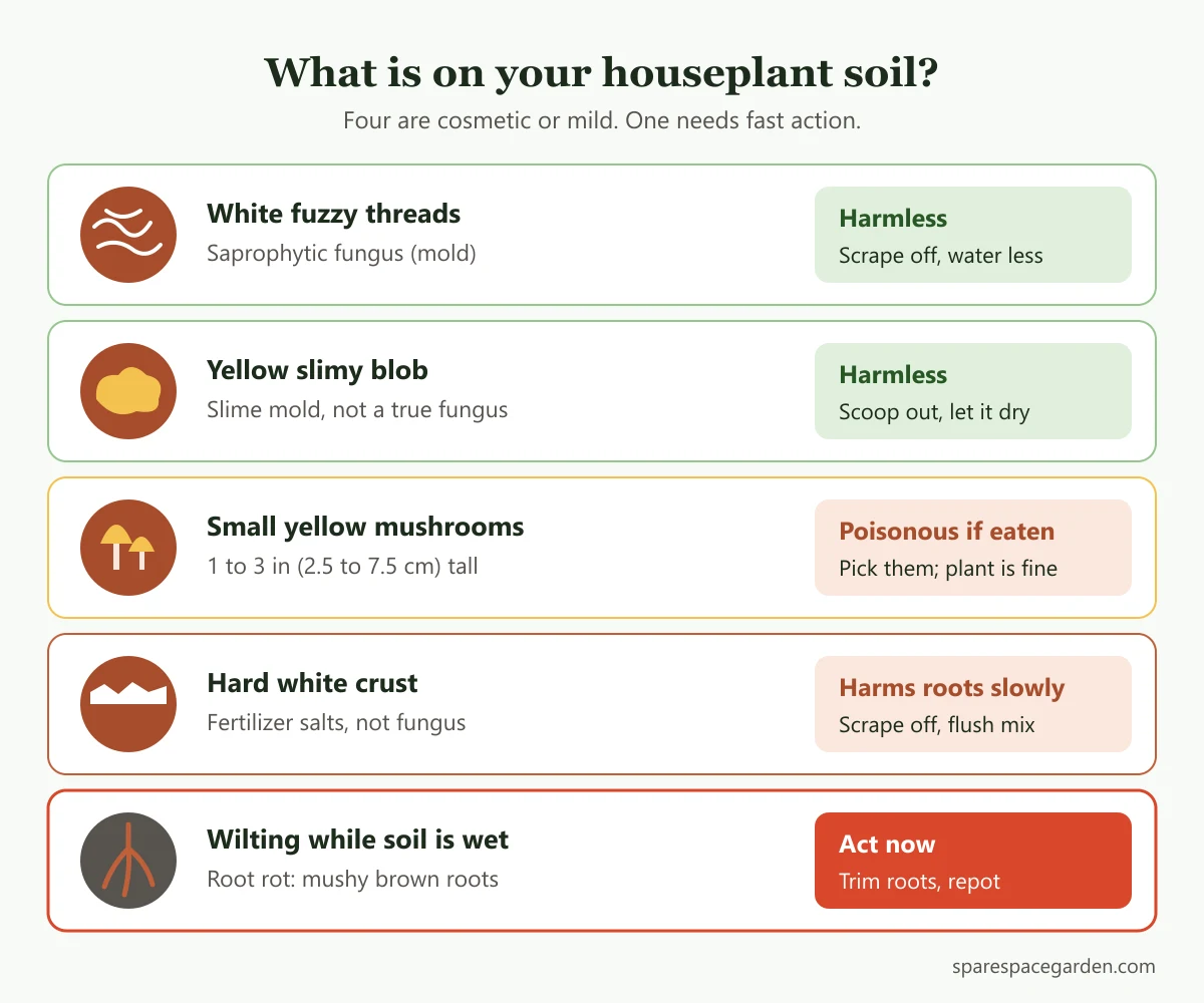 Chart for identifying fungus in indoor plant soil: white mold, slime mold, yellow mushrooms, salt crust and root rot