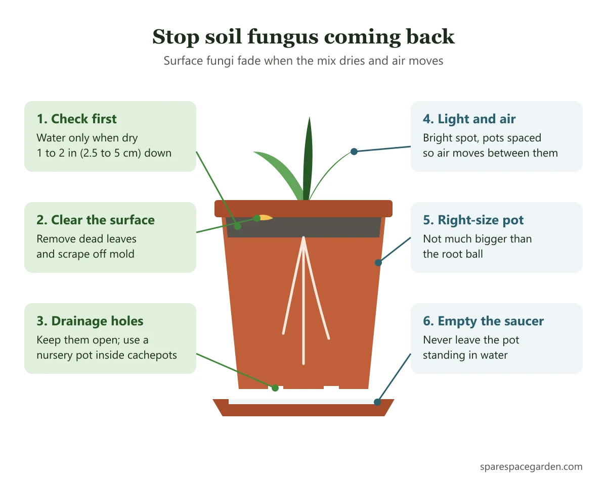 How to prevent fungus in indoor plant soil: check moisture before watering, empty saucers, use drainage holes, give light and airflow, remove dead leaves