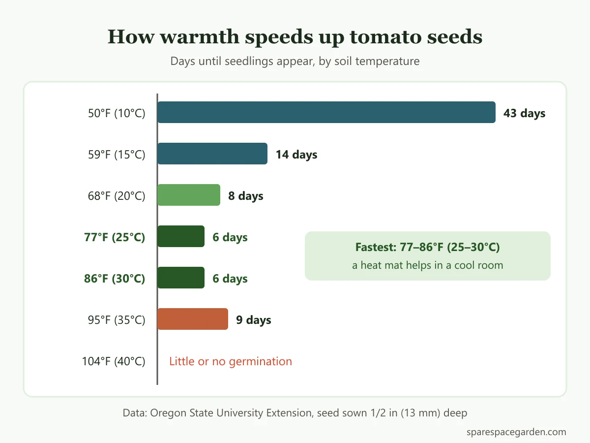 Chart of tomato seed germination days at different soil temperatures, from 43 days at 50°F to 6 days at 77 to 86°F