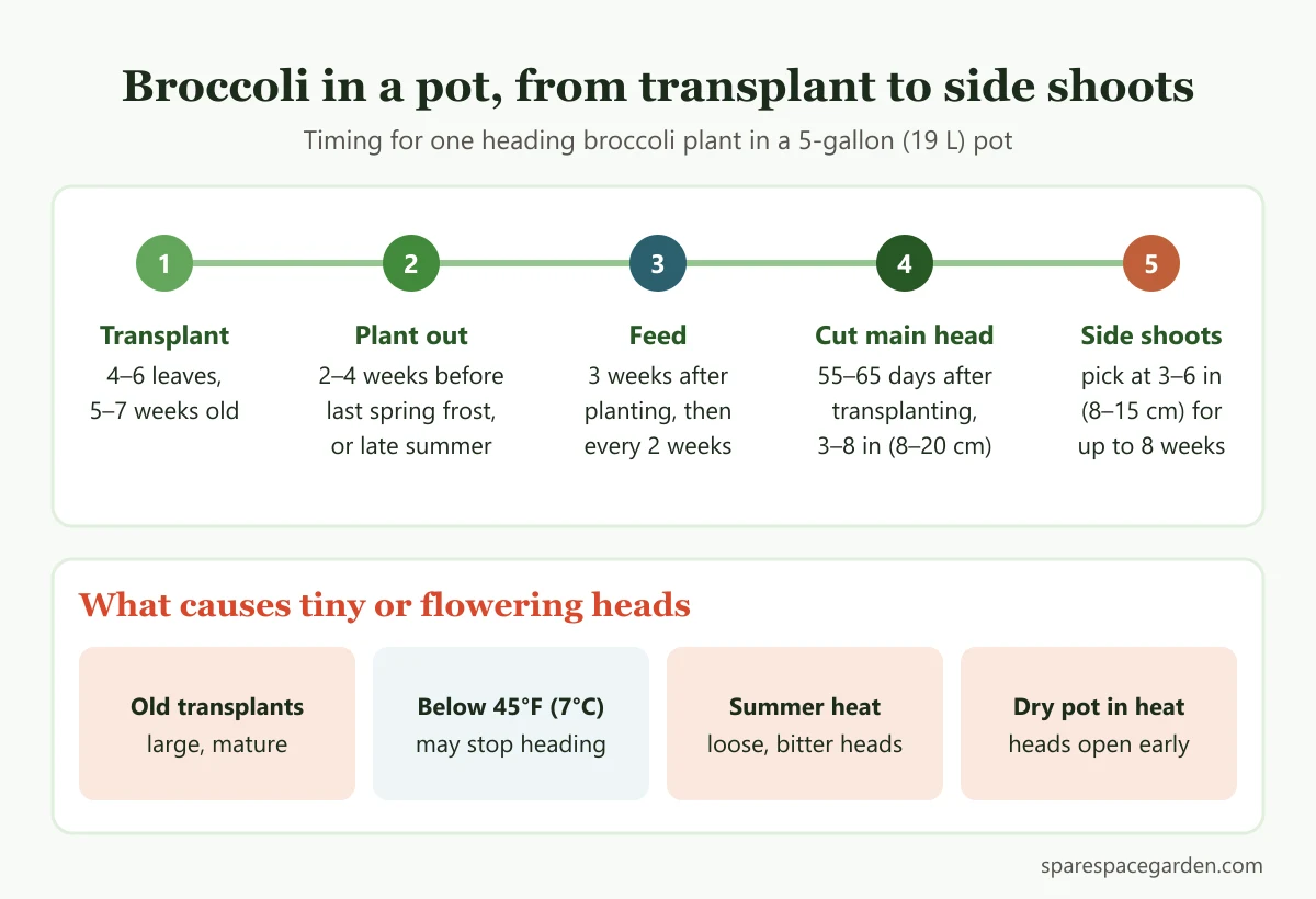 Broccoli growing timeline for containers from transplant to main head harvest and side shoots