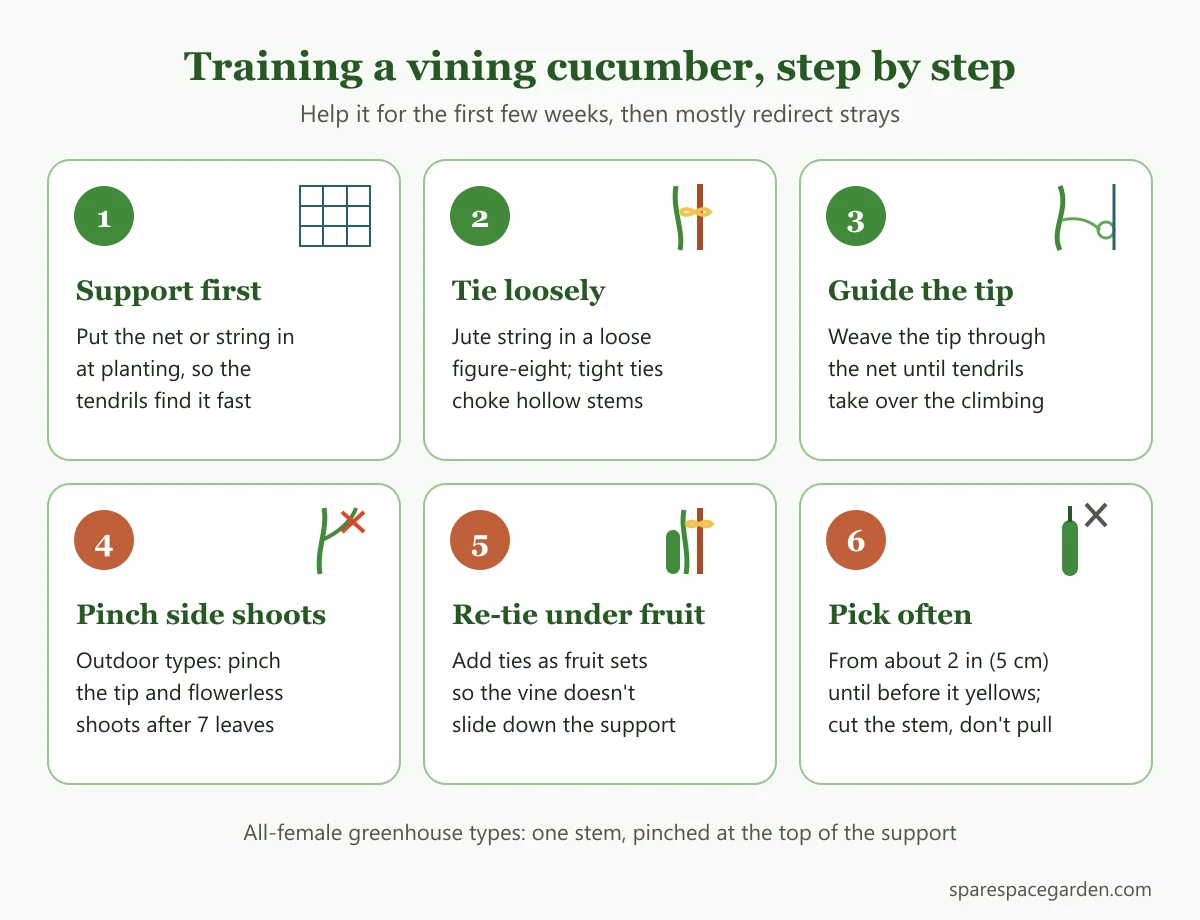 Step-by-step diagram for training and pruning a vining cucumber on a trellis
