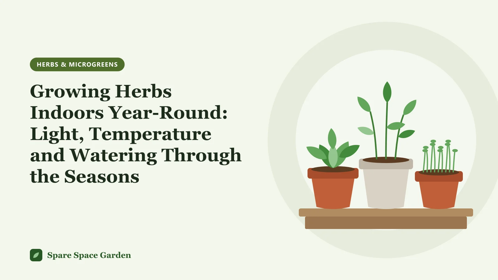 Illustration of growing herbs indoors year round, with potted herbs on a sunny windowsill under a small grow light