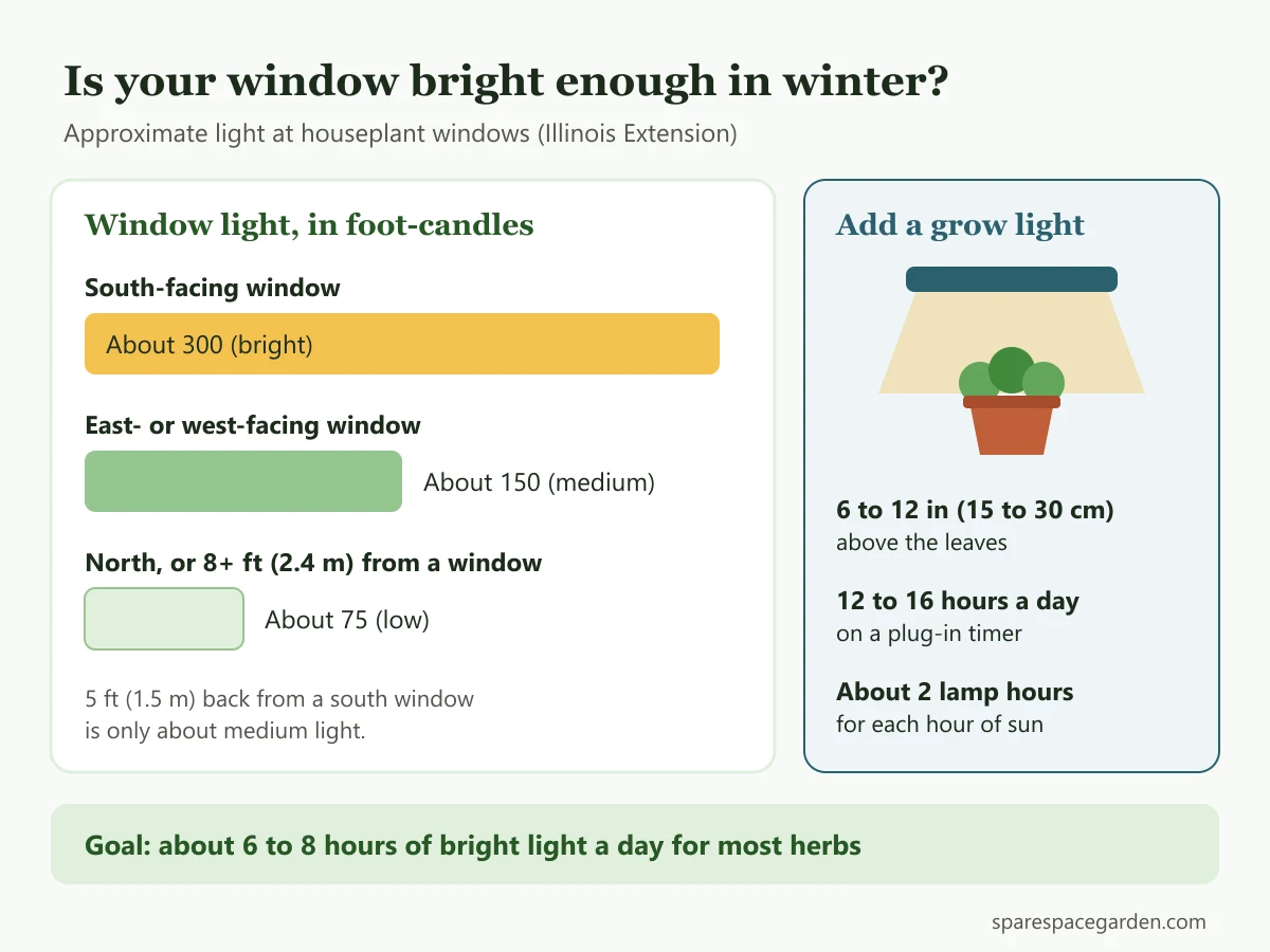 Chart comparing window light levels in foot-candles for growing herbs indoors year round, with south, east, west and north windows and grow light settings