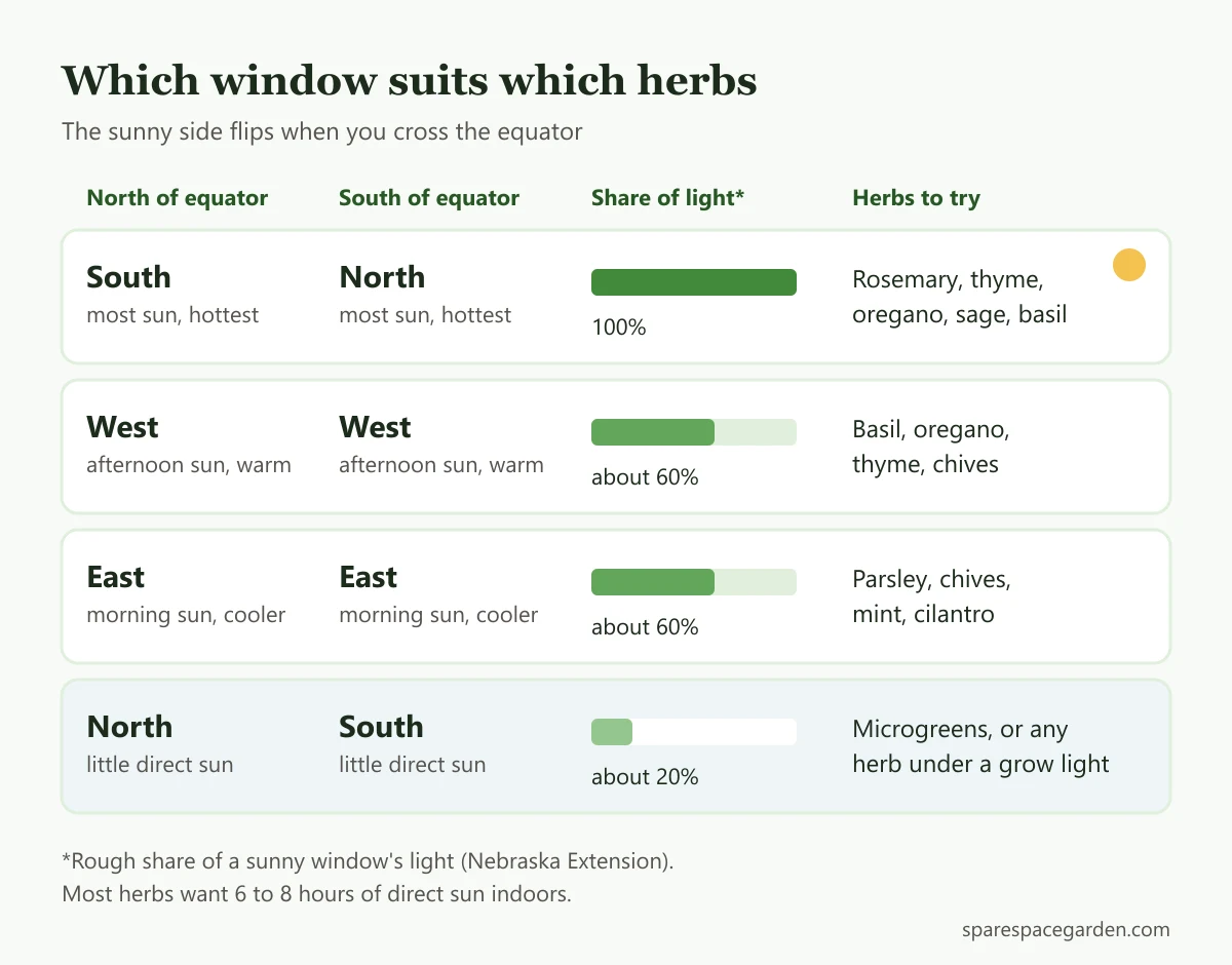 Chart for an herb window garden showing which window direction suits which herbs in the Northern and Southern Hemispheres