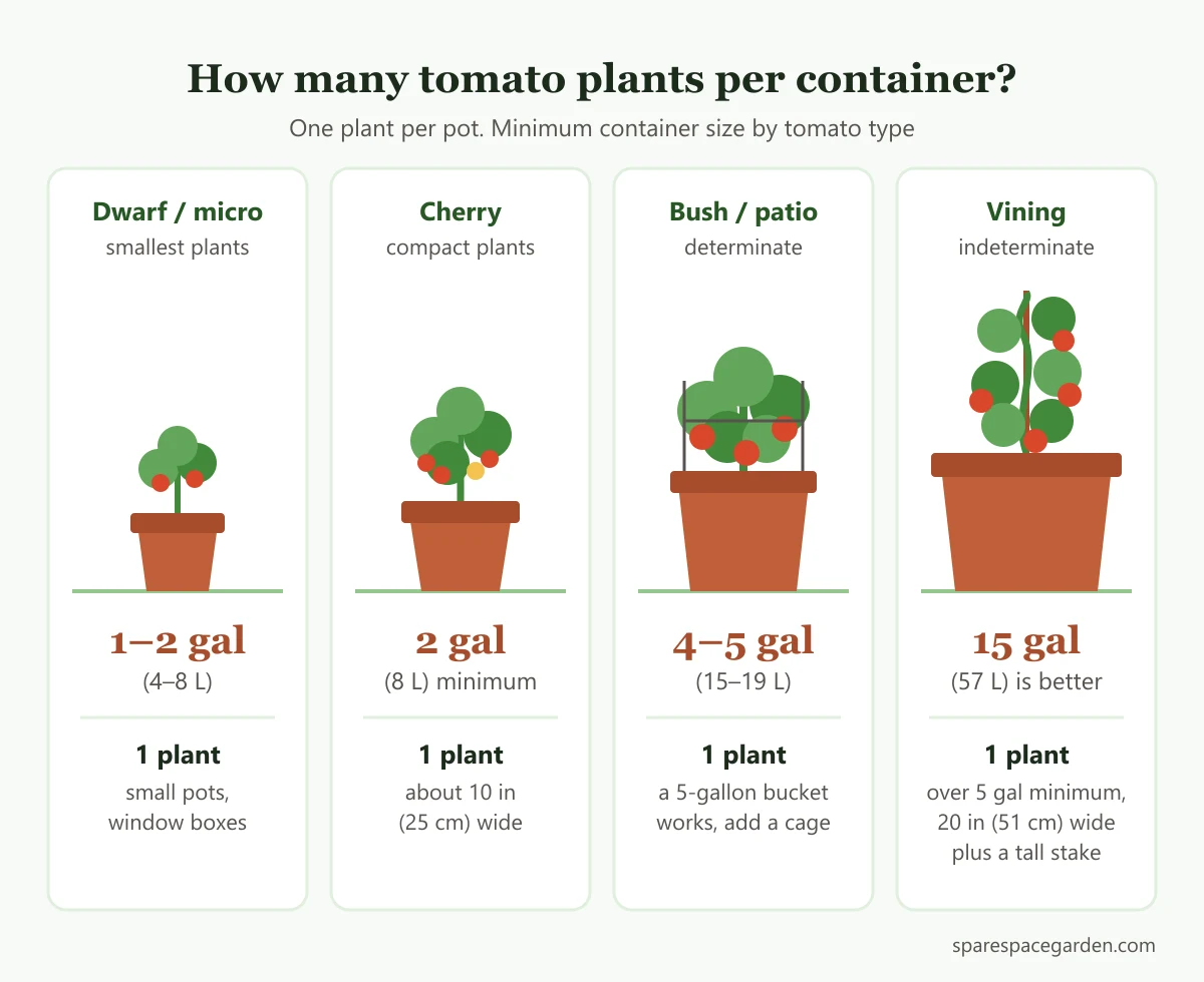 Size chart showing how many tomato plants per container and the minimum pot size for dwarf, cherry, determinate and indeterminate tomatoes