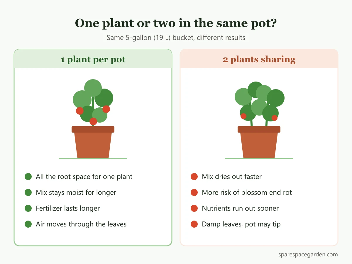 Comparison of one tomato plant per container versus two crowded plants, showing faster drying, nutrient loss and damp foliage