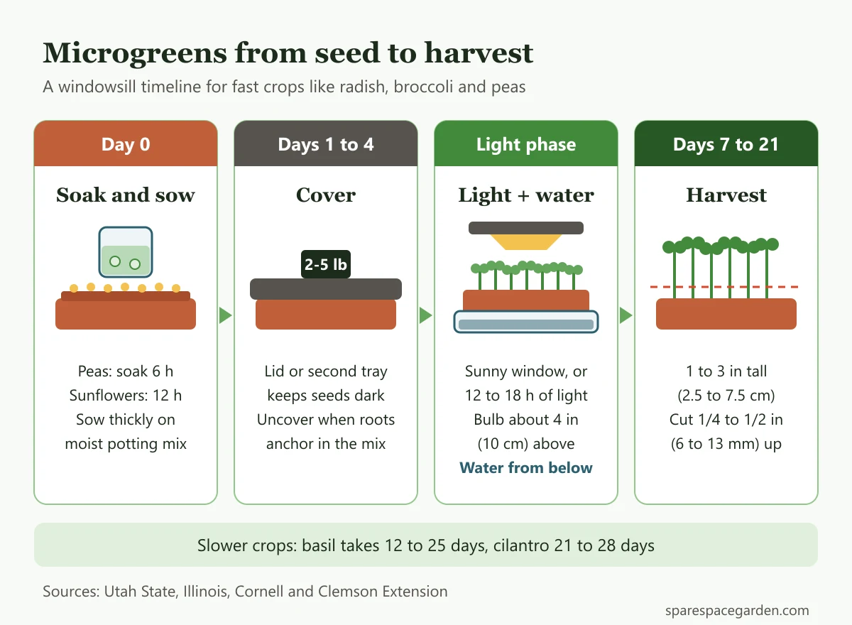 Timeline showing how to grow microgreens indoors, from soaking and sowing through 1 to 4 days covered, light and bottom watering, to harvest at 7 to 21 days