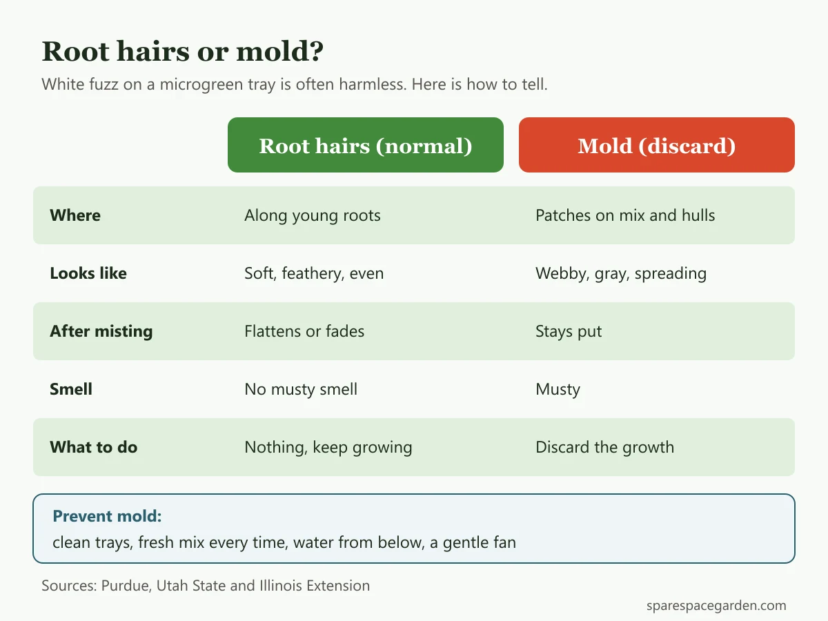 Comparison of microgreen root hairs and mold, showing where each appears, how it looks, how it reacts to misting and what to do