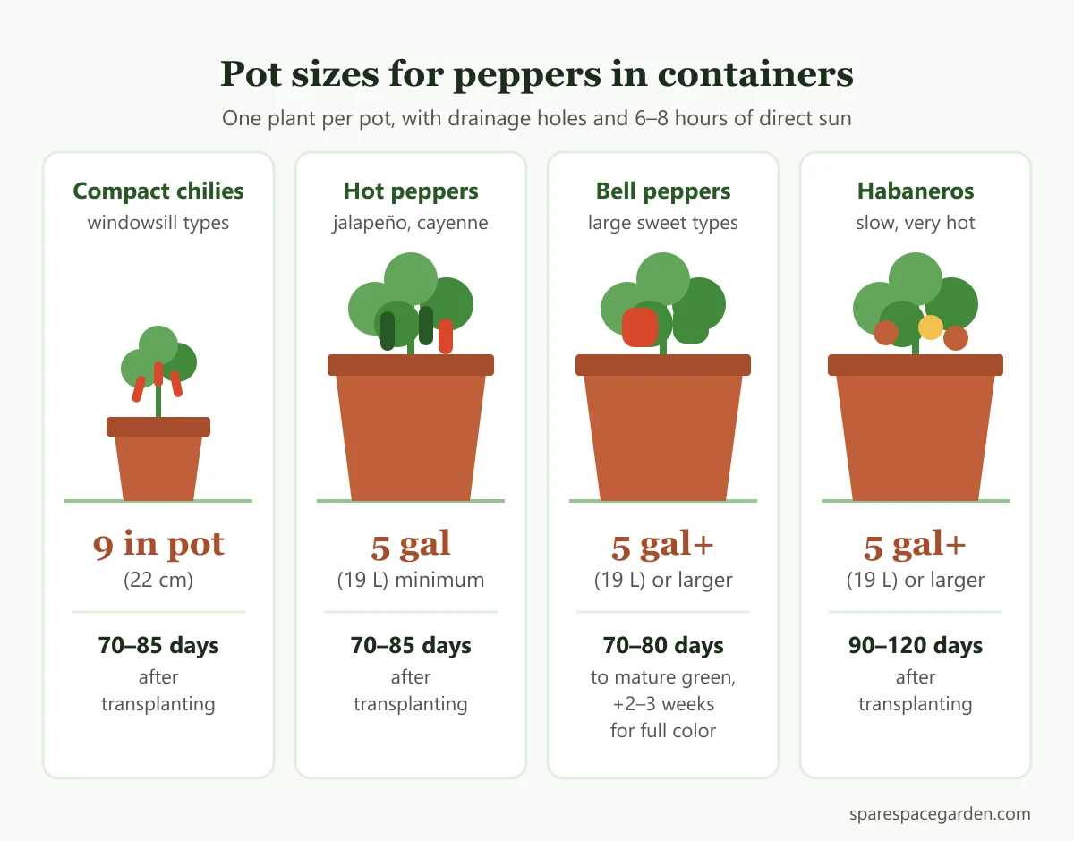 Pot size chart showing how to grow peppers in pots by type: compact chilies, hot peppers, bell peppers and habaneros