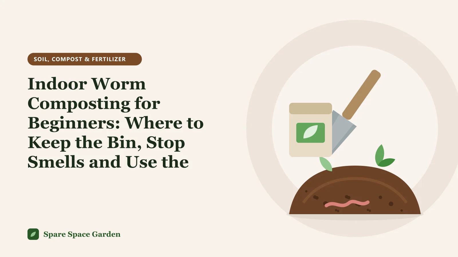 Illustration of a plastic worm bin under a kitchen sink with red worms, food scraps and a potted herb, showing indoor worm composting
