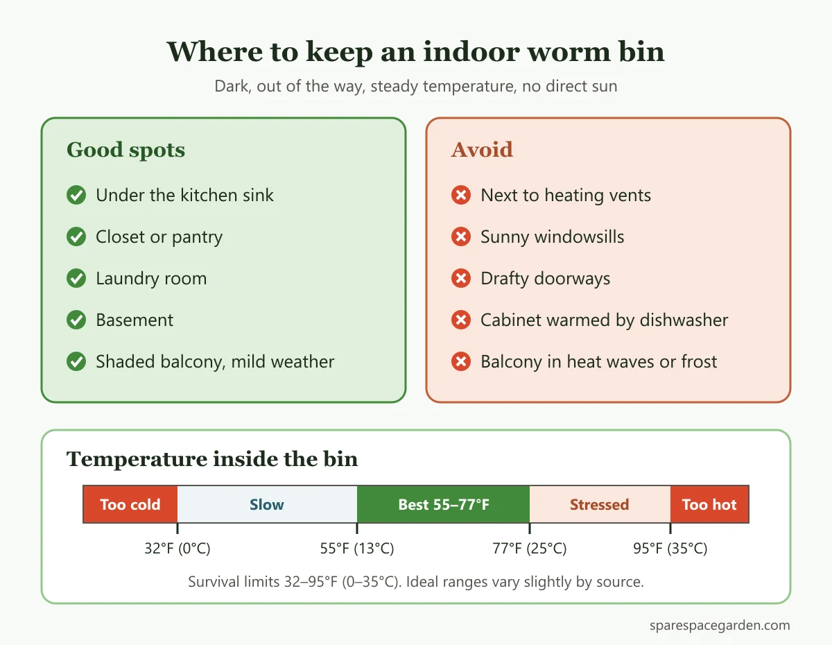Indoor worm composting placement guide showing good and poor spots for a worm bin and the safe temperature range