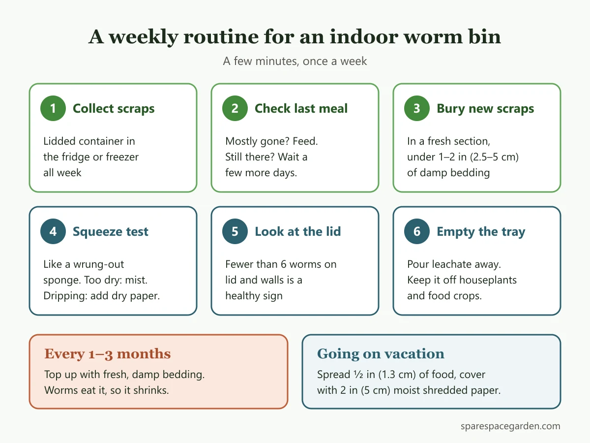 Weekly routine for an indoor worm bin: collect scraps, check, bury, moisture test, inspect, plus monthly bedding top-up