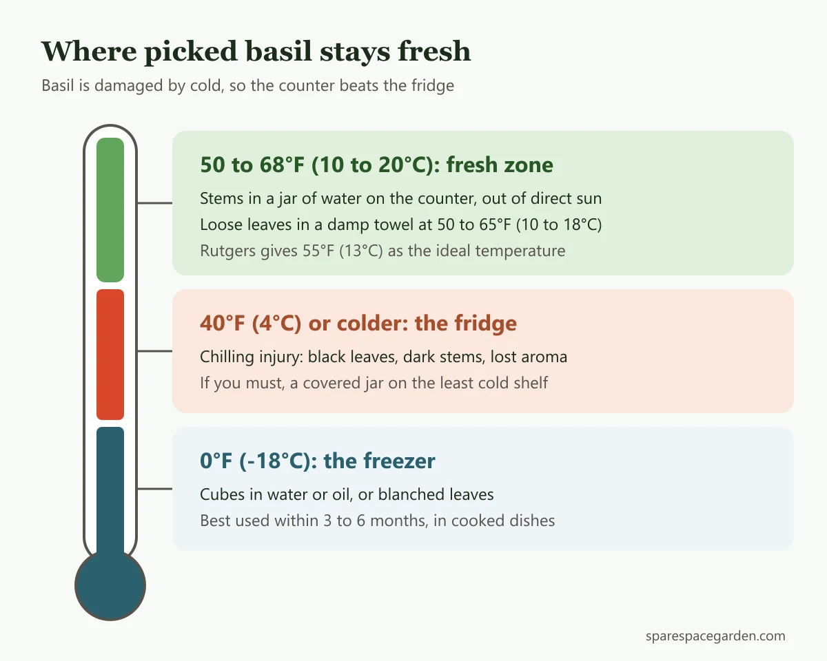 Temperature guide showing basil storage zones: freezer for long-term, fridge below 40°F causes blackening, 50 to 68°F keeps basil fresh