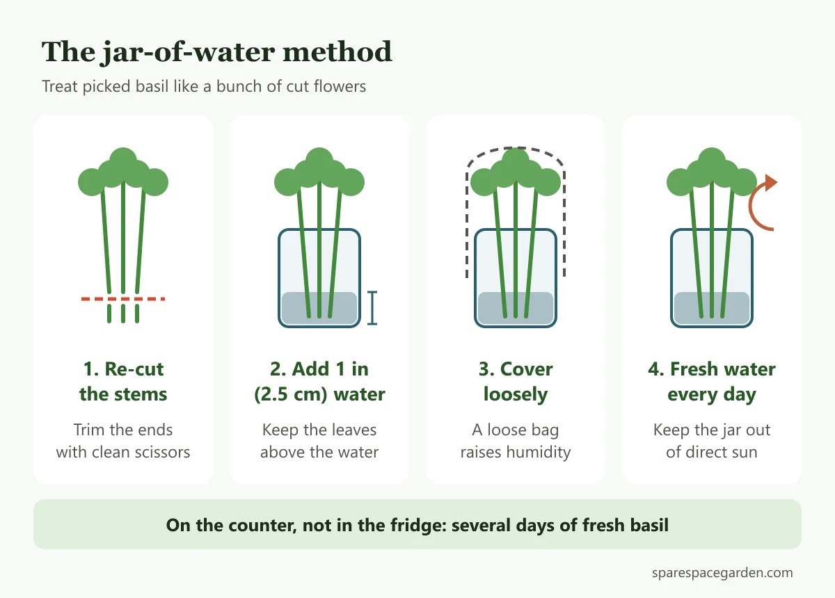 Four steps for keeping picked basil fresh in a jar of water: re-cut stems, 1 inch of water, loose bag, change water daily