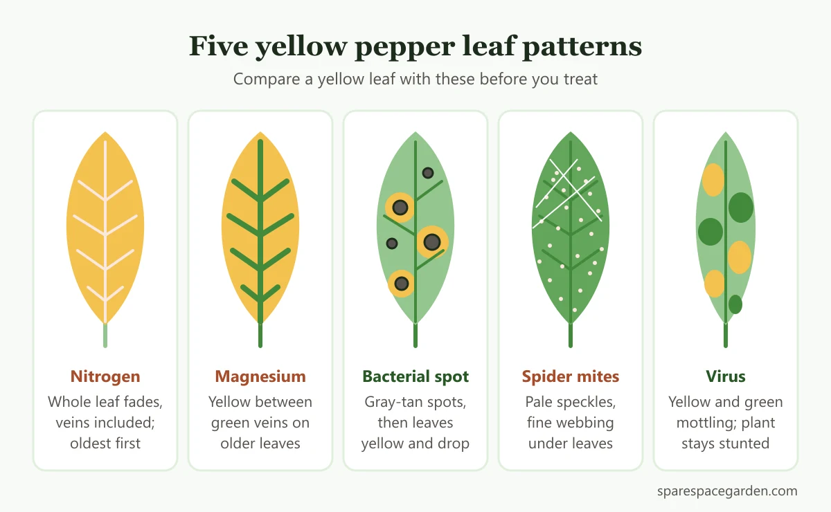 Five pepper leaf patterns compared: nitrogen shortage, magnesium shortage, bacterial leaf spot, spider mite stippling and mosaic virus