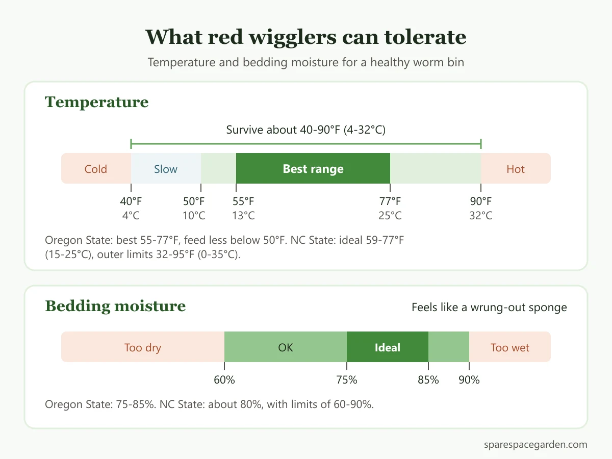 Chart of red composting worms temperature range and bedding moisture range, from survival limits to the ideal zone
