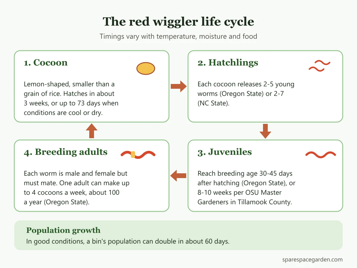 Life cycle of red composting worms from lemon-shaped cocoon to hatchlings, juveniles and breeding adults