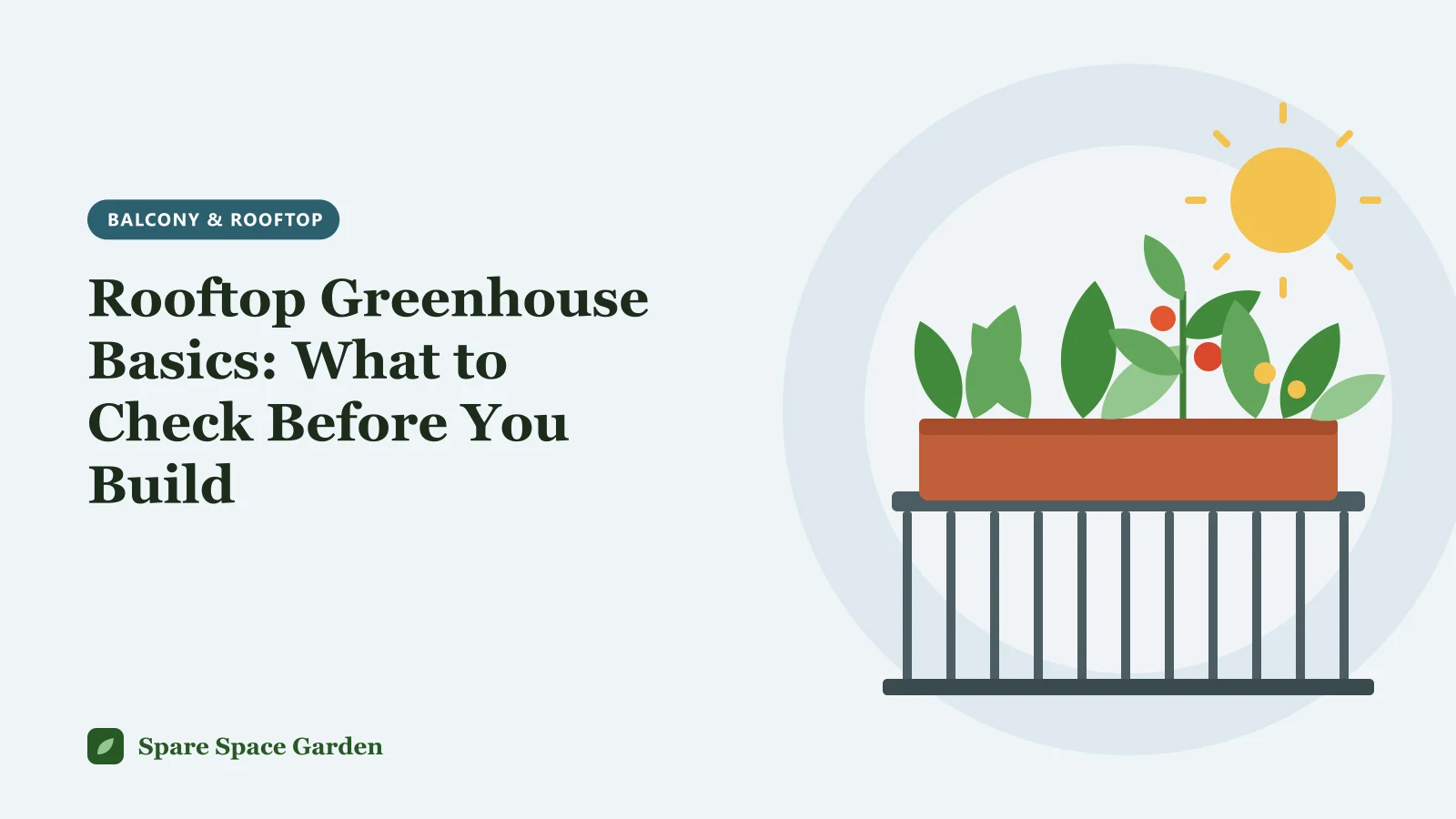 Illustration of a small rooftop greenhouse with open roof vents, polycarbonate panels and seedlings on benches above a city skyline
