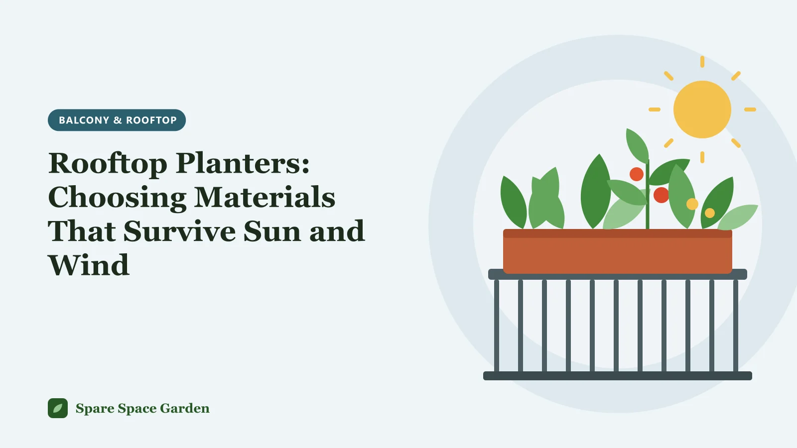 Illustration of rooftop planters in pale fiberglass and wood on pot feet along a parapet wall, with tomatoes, herbs and a drip line