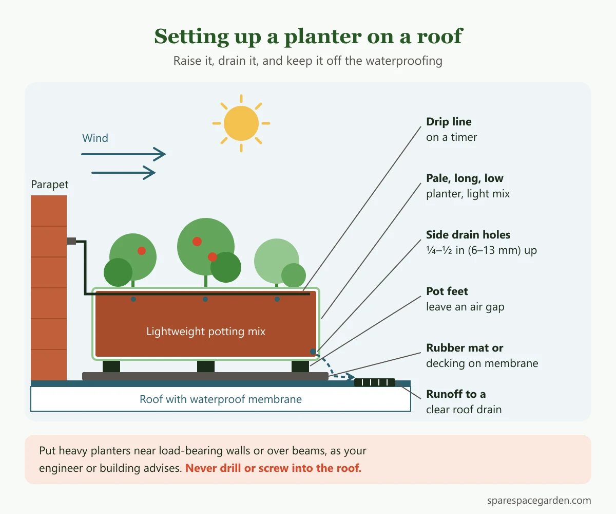Cross-section of rooftop planters on pot feet over a protective mat, with a drip line, parapet wall and roof drain