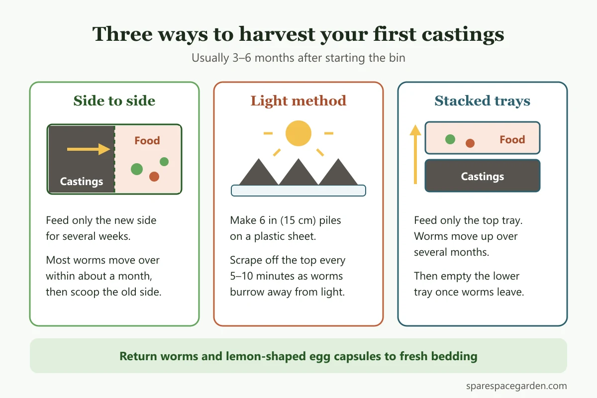 Three methods for the first harvest when starting a worm farm: side-to-side migration, light method piles and stacked trays