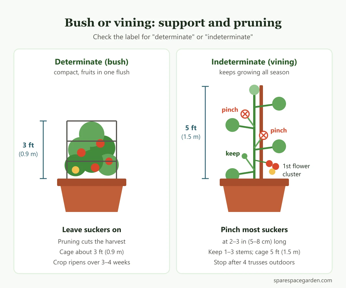 Comparison of determinate and indeterminate tomato care in pots, showing cage heights and which suckers to remove