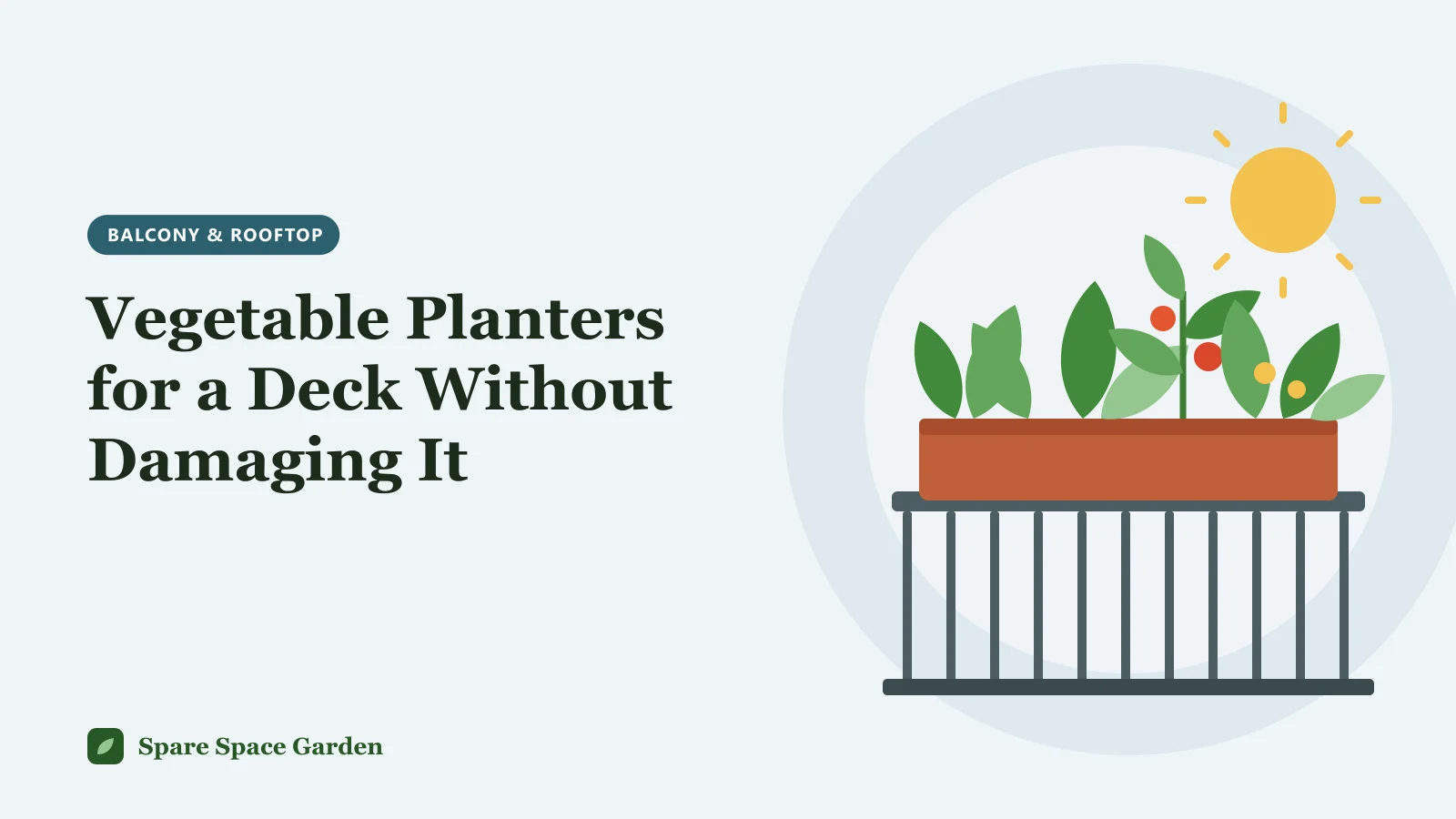 Illustration of vegetable planters for a deck, with a cedar planter on legs and pots of tomatoes and lettuce raised on feet above wooden deck boards