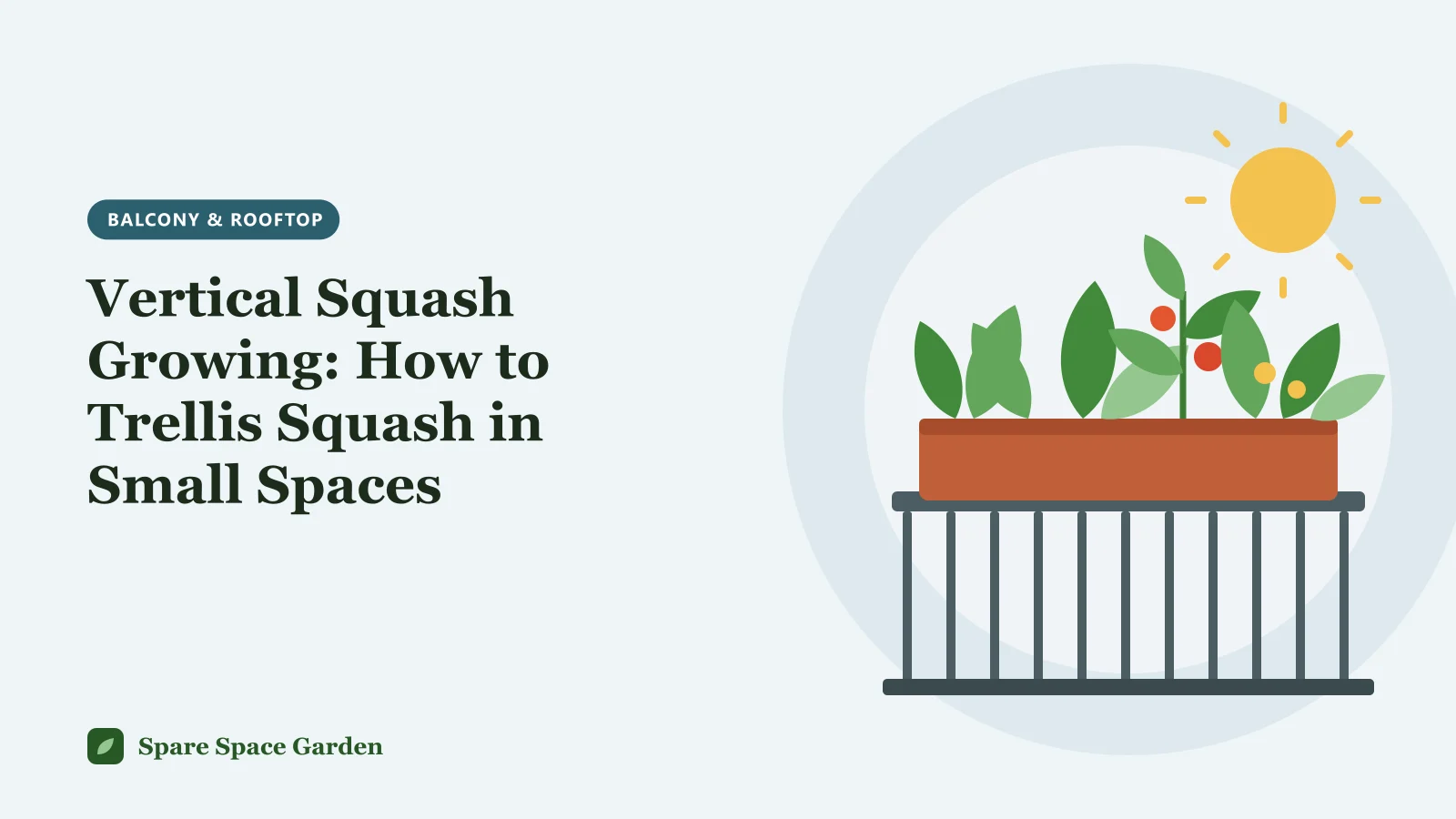 Illustration of vertical growing squash on a balcony, with a trailing squash vine climbing a sturdy trellis and a small fruit held in a cloth sling