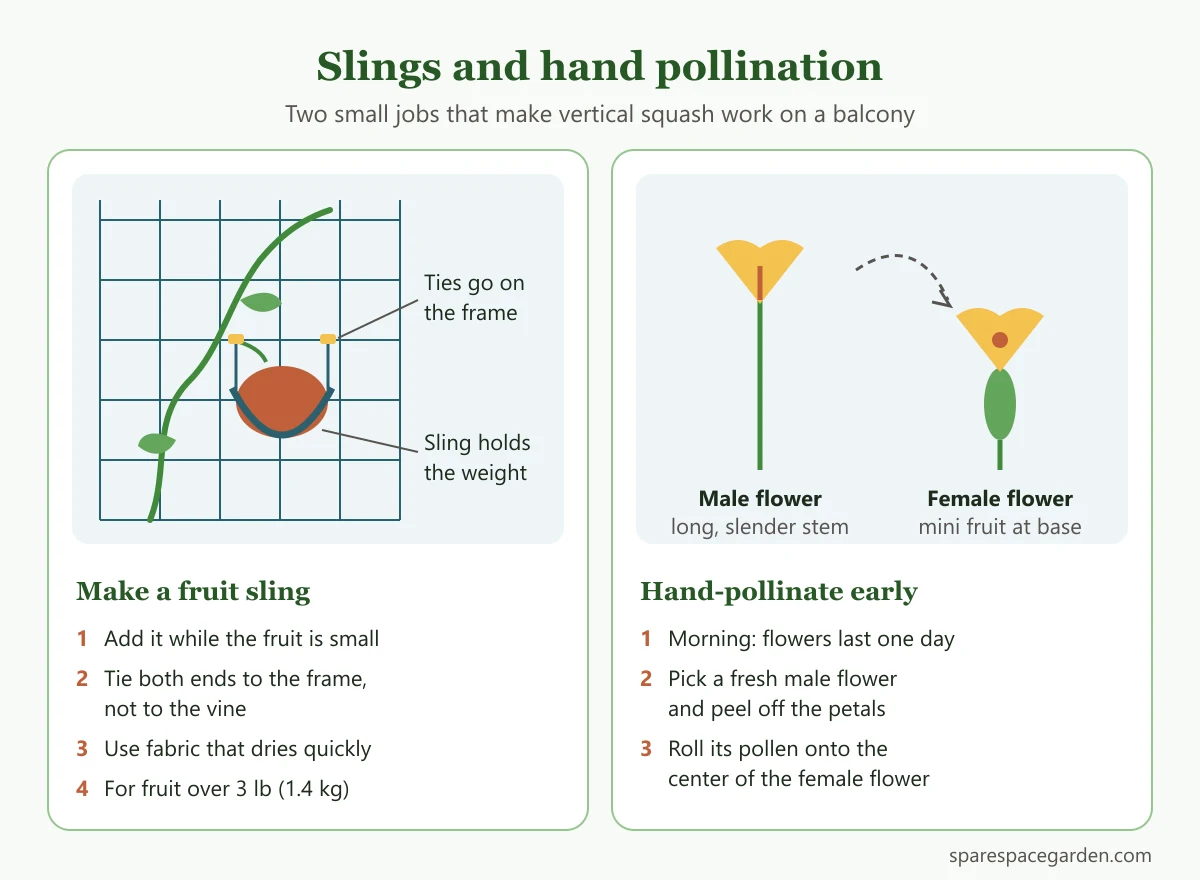 Diagram of a fruit sling on a squash trellis and how to hand-pollinate a female squash flower