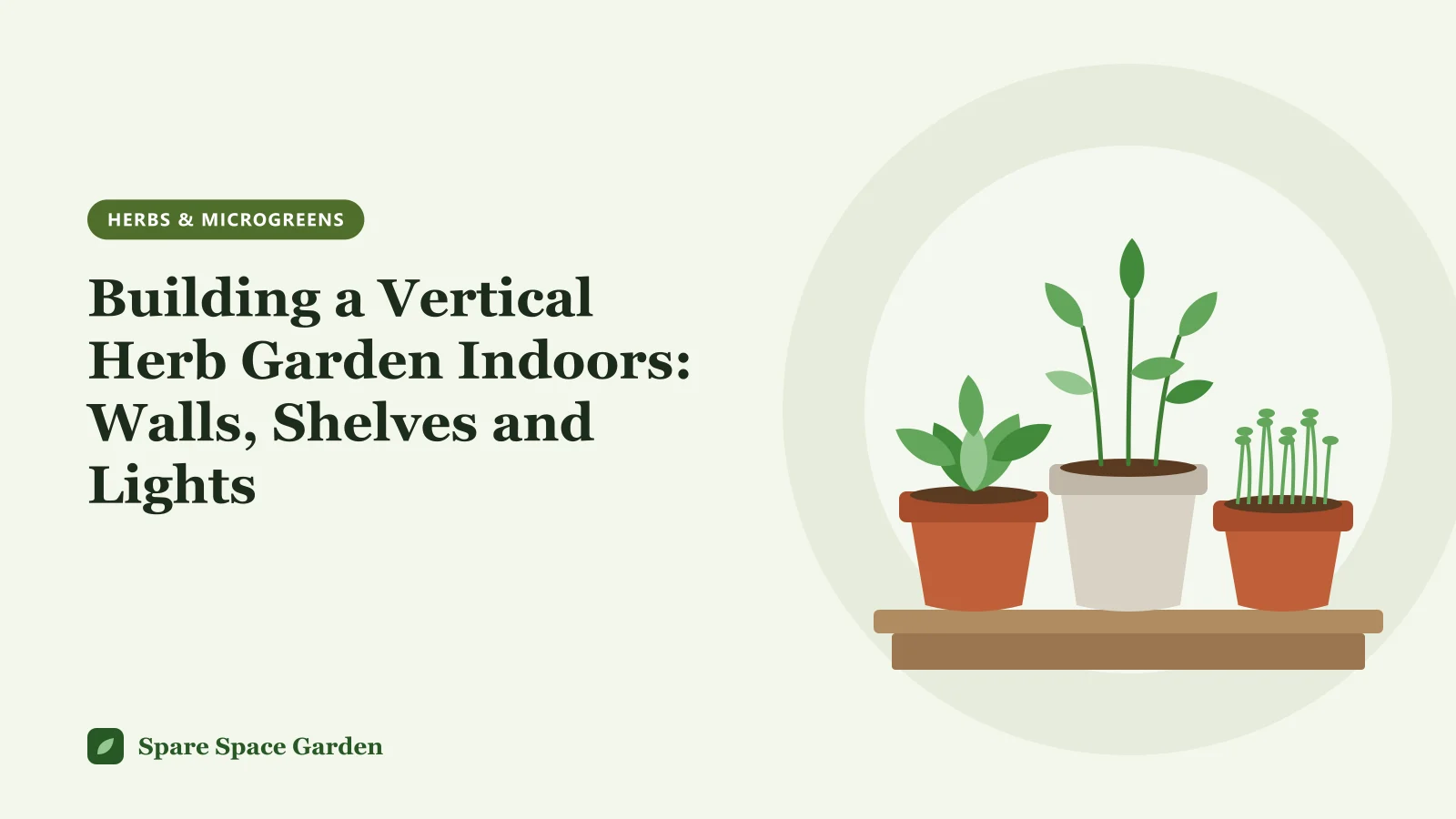 Illustration of a vertical herb garden indoors, with herbs in pots on a wall rail and a tiered shelf with a grow light over each shelf